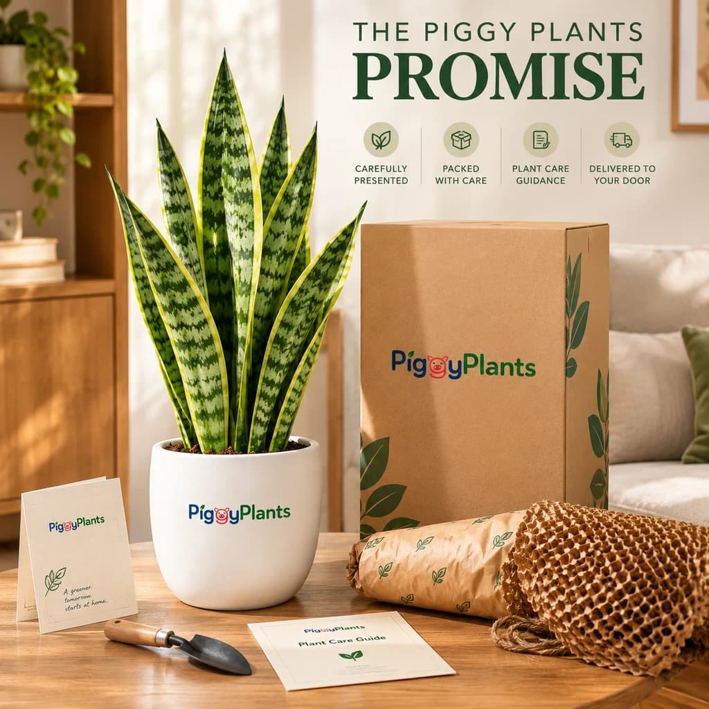 Piggy Plants eco-protective doorstep delivery packaging with healthy snake plant
