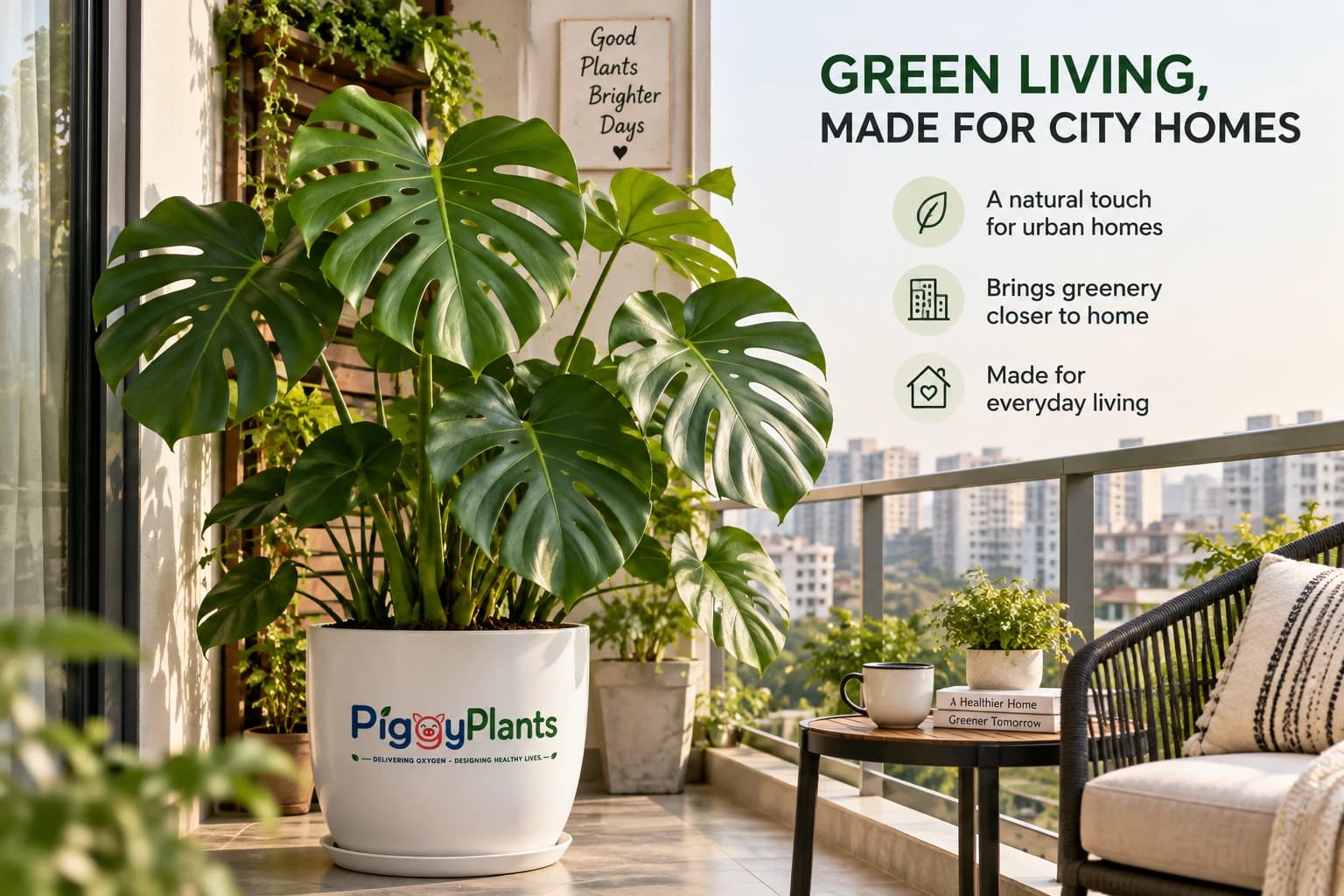 Monstera on an urban balcony and lifestyle placement