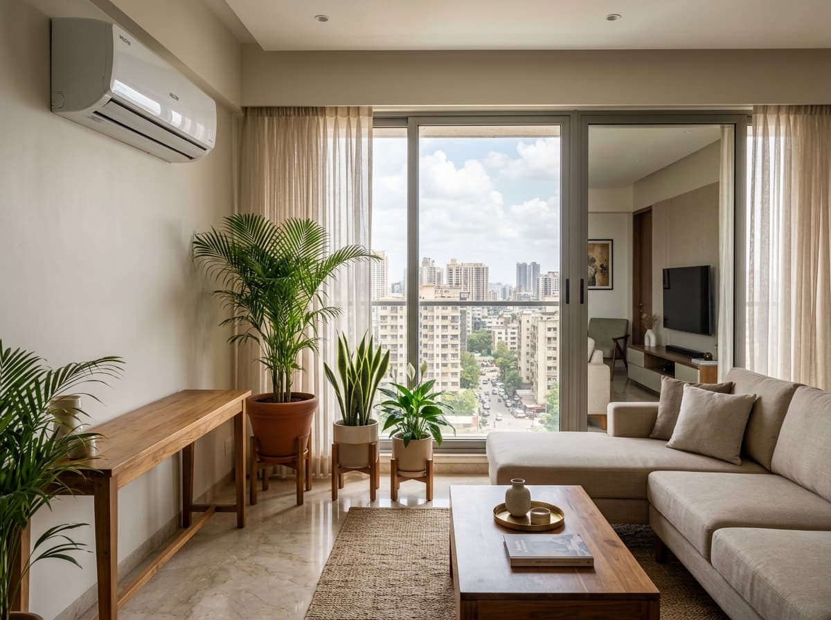 Modern sealed Indian apartment interior with AC unit and healthy oxygenating plants