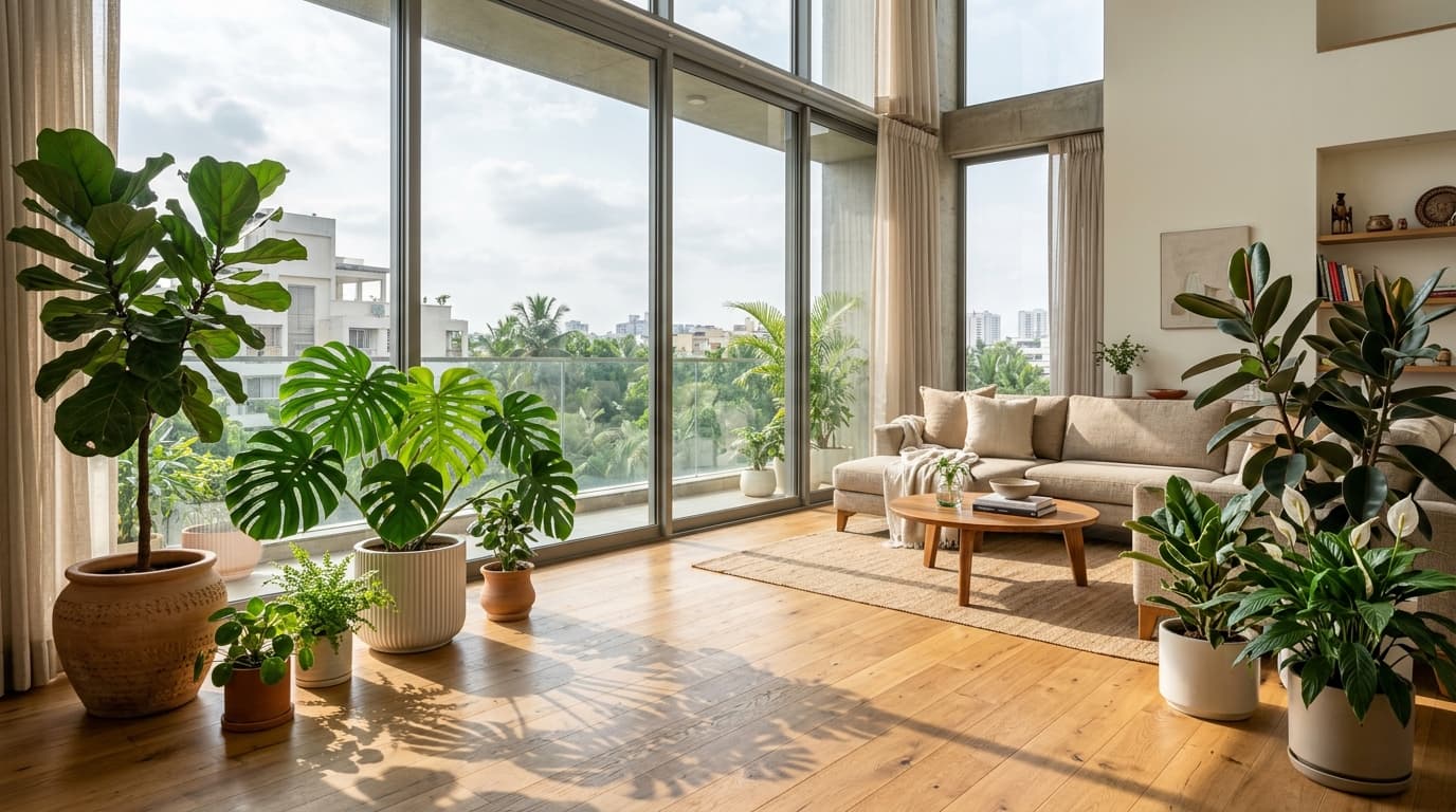 Sunlit plant-filled living sanctuary inside a modern Indian apartment
