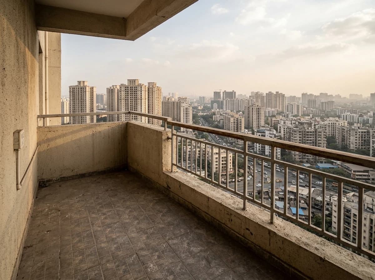 Empty concrete apartment balcony in an Indian metropolitan city