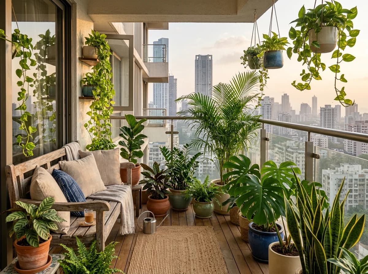 Lush green living sanctuary balcony in a modern Indian apartment