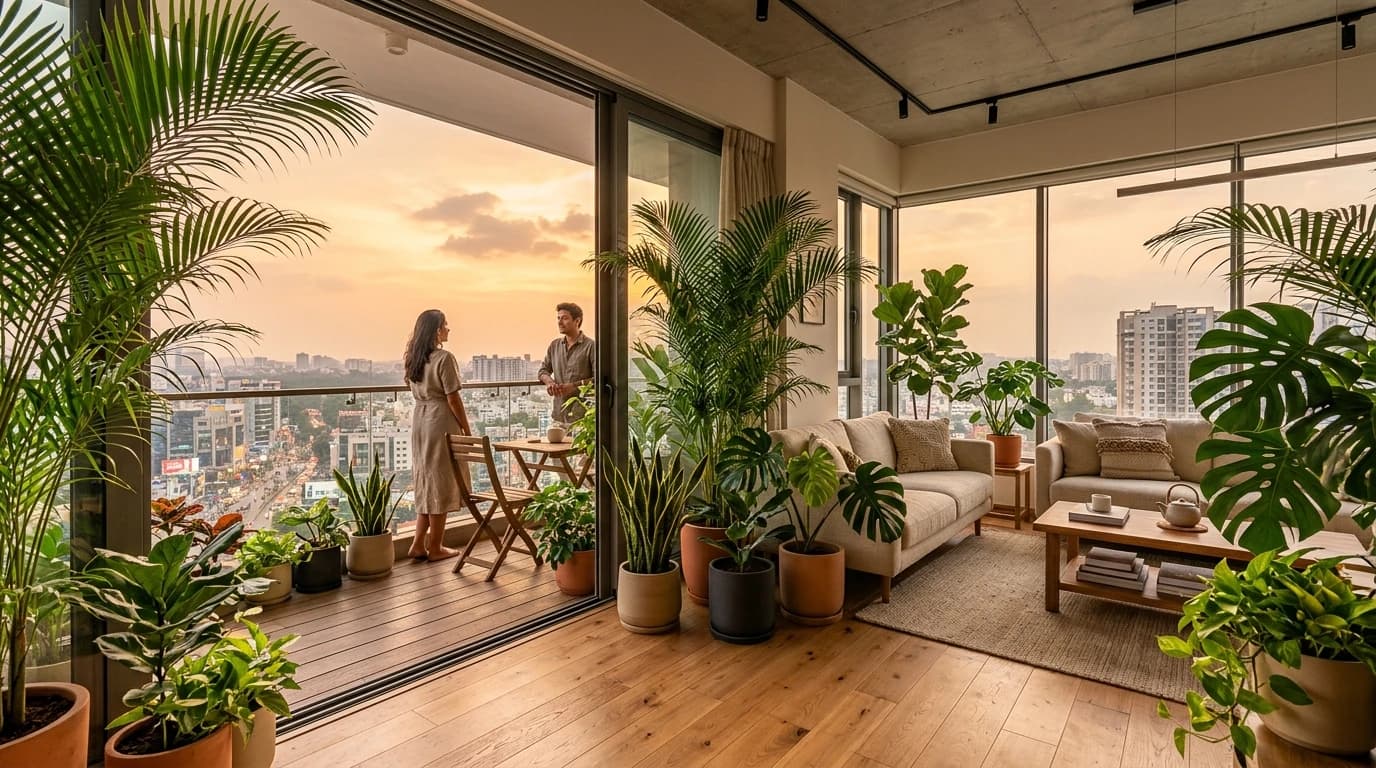 Lush green apartment balcony overlooking Indian metropolitan city skyline at sunset