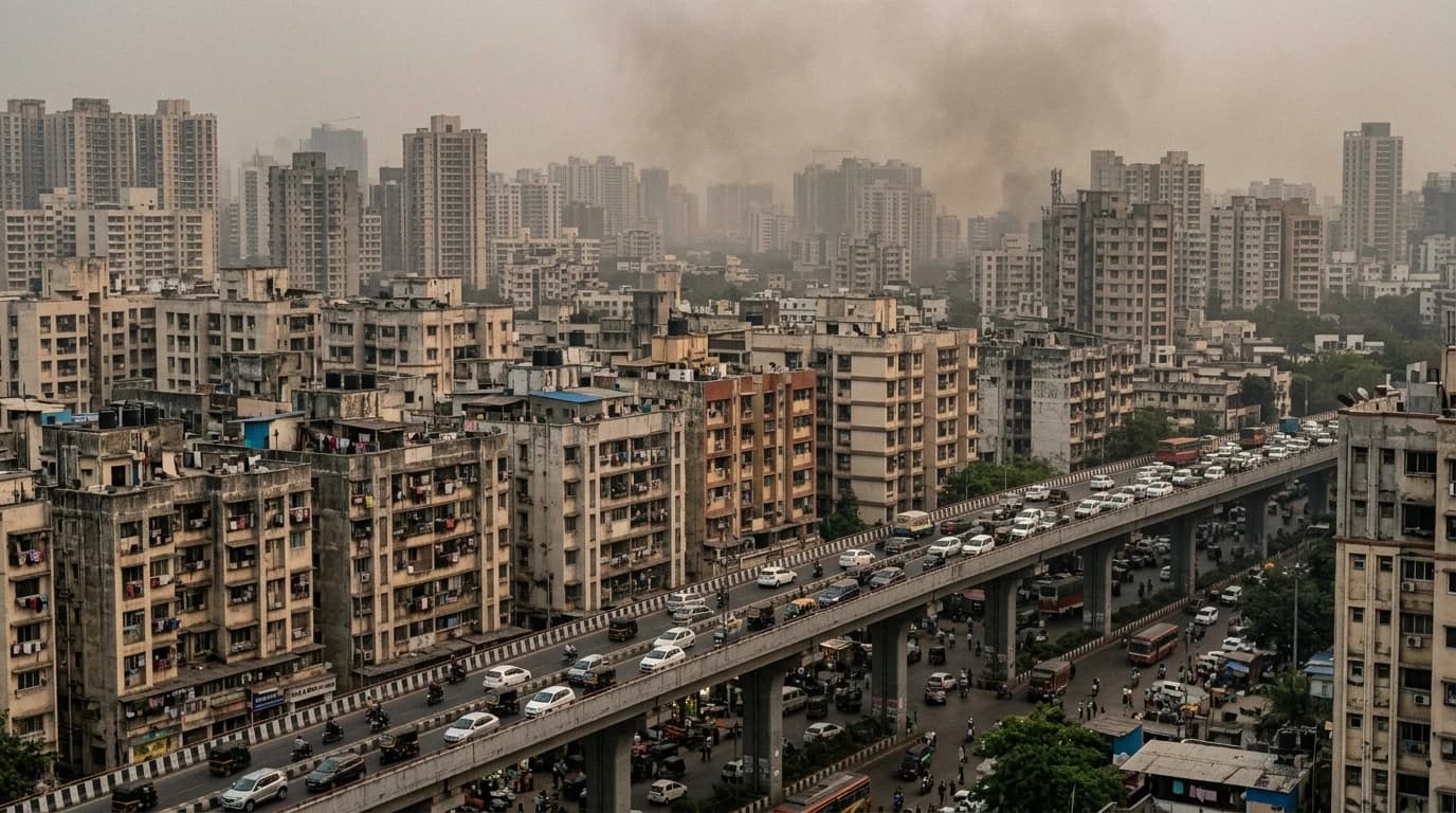 High density Indian metropolitan apartment skyline with urban haze