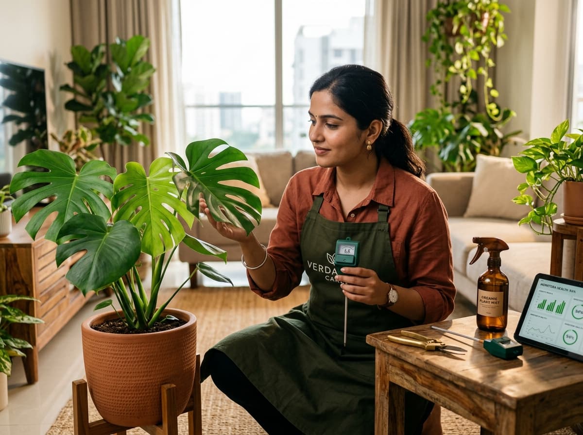Piggy Plants professional inspecting plants inside a modern Indian home with moisture probes and brass tools