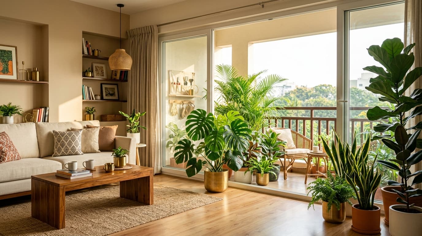 Modern Indian home with balcony greenery, lush indoor plants and healthy living sanctuary